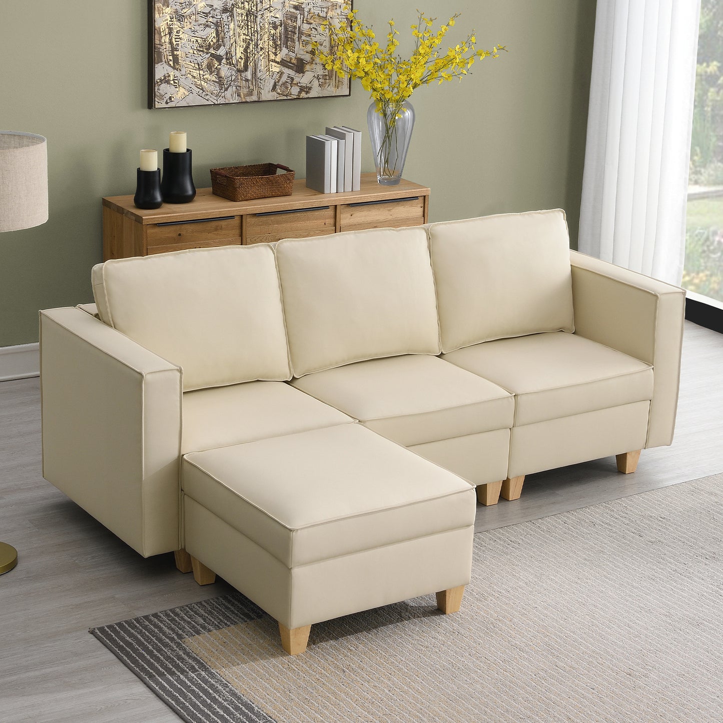 KuKuQb 92'' Modular Sectional Sofa with Storage, Convertible 4 Seat L Shaped Stationary Couches for Living Room, Beige