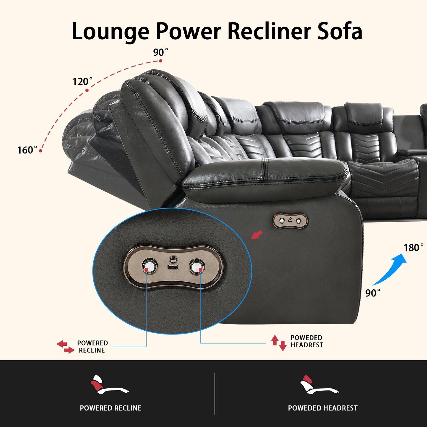 Power Reclining Sectional Sofa, Electric Home Theater Seating for Living Room Air Leather Corner Couch with Console Box Loveseat Bluetooth Speaker LED Lighting USB Ports Grey