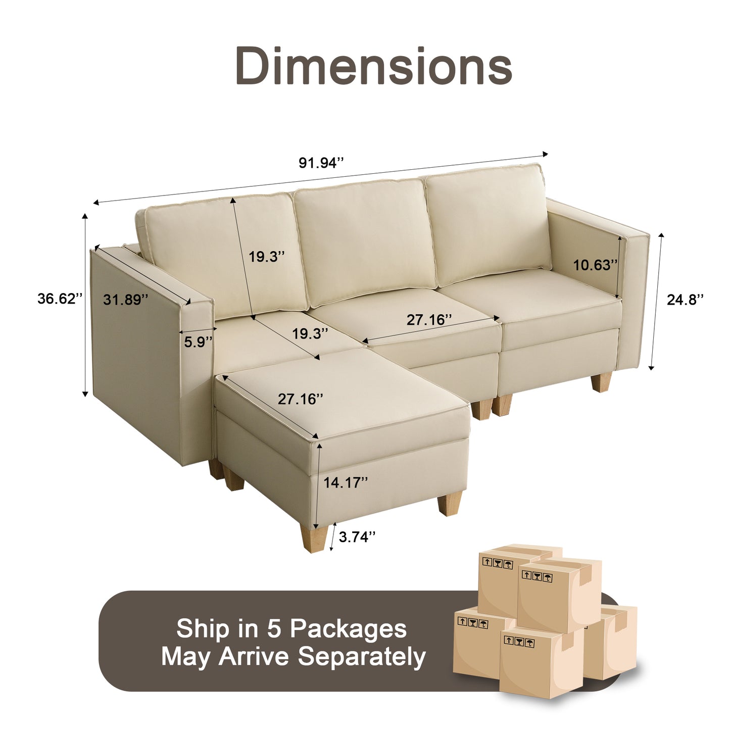 KuKuQb 92'' Modular Sectional Sofa with Storage, Convertible 4 Seat L Shaped Stationary Couches for Living Room, Beige