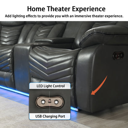 Power Reclining Sectional Sofa, Electric Home Theater Seating for Living Room Air Leather Corner Couch with Console Box Loveseat Bluetooth Speaker LED Lighting USB Ports Grey