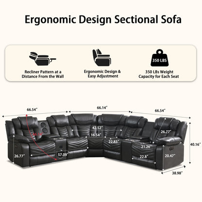 Power Reclining Sectional Sofa, Electric Home Theater Seating for Living Room Air Leather Corner Couch with Console Box Loveseat Bluetooth Speaker LED Lighting USB Ports Grey