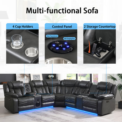 Power Reclining Sectional Sofa, Electric Home Theater Seating for Living Room Air Leather Corner Couch with Console Box Loveseat Bluetooth Speaker LED Lighting USB Ports Grey