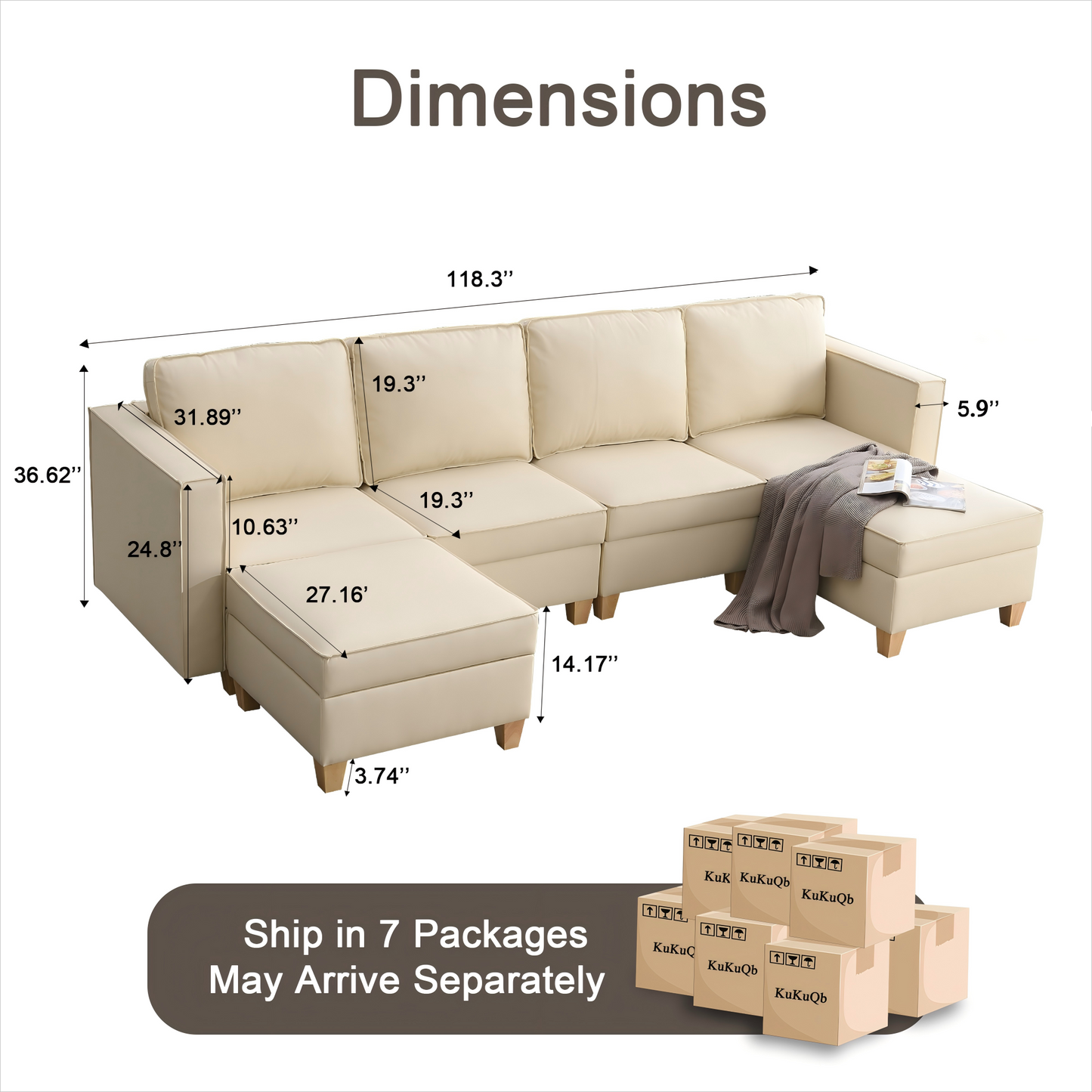 KuKuQb 118'' Modular Sectional Sofa with Storage, Convertible 6 Seat U Shaped Couches for Living Room Stationary Sofa with Double Chaise Beige