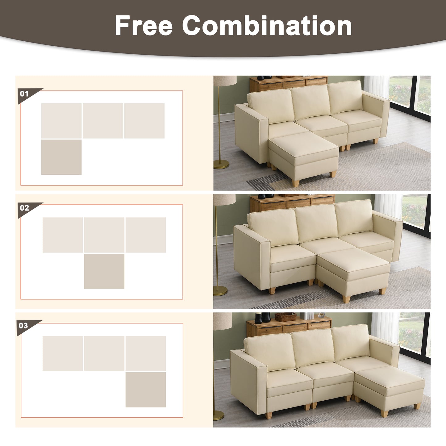 KuKuQb 92'' Modular Sectional Sofa with Storage, Convertible 4 Seat L Shaped Stationary Couches for Living Room, Beige