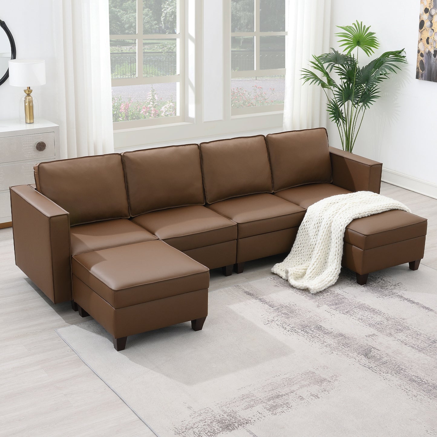 KuKuQb 118'' Modular Sectional Sofa with Storage, Convertible 6 Seat U Shaped Couches for Living Room Stationary Sofa with Double Chaise Brown