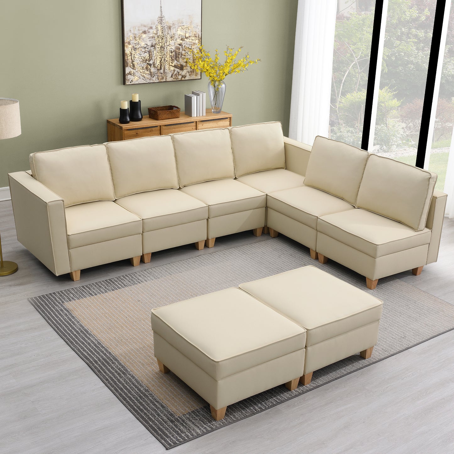 KuKuQb 118'' Modular Sectional Sofa with Storage, Convertible Stationary Couches for Living Room with 2 Ottomans, Beige