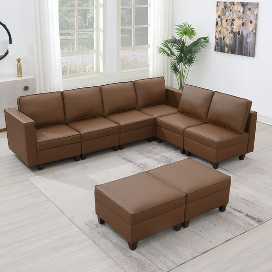 KuKuQb 118'' Modular Sectional Sofa with Storage, Convertible Stationary Couches for Living Room with 2 Ottomans, Brown