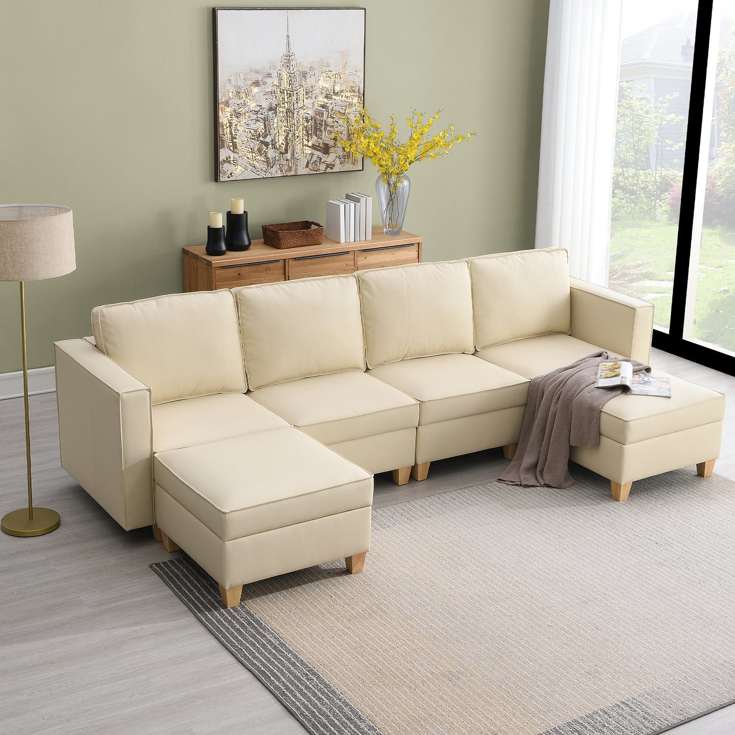 KuKuQb 118'' Modular Sectional Sofa with Storage, Convertible 6 Seat U Shaped Couches for Living Room Stationary Sofa with Double Chaise Beige