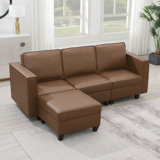 KuKuQb 92'' Modular Sectional Sofa with Storage, Convertible 4 Seat L Shaped Stationary Couches for Living Room, Brown