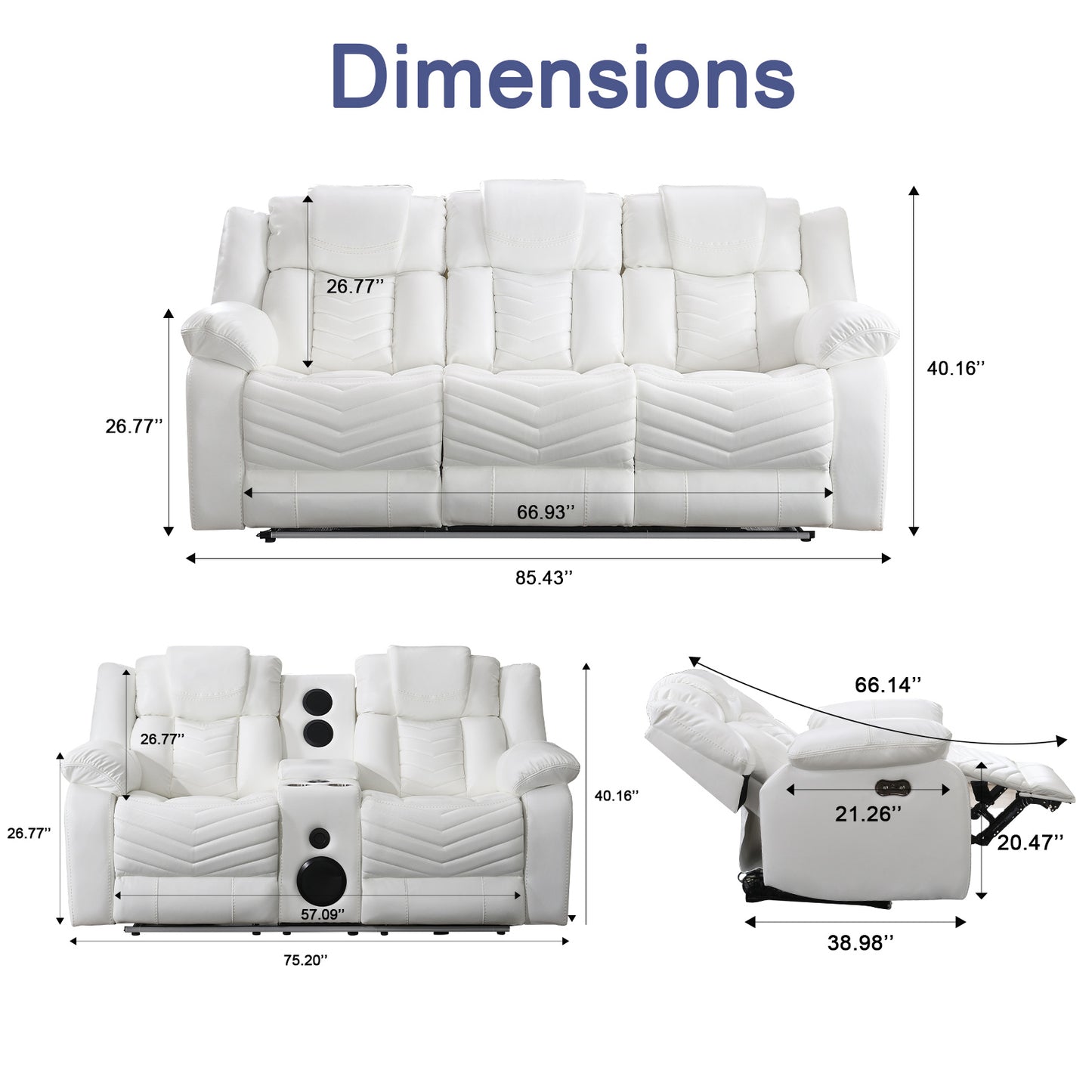 KuKuQb Power Air Leather Reclining Sofa Set with LED Light,Recliner Sofa with Drop Down Table,Wireless Charger,Storage Console,Bluetooth Speaker,USB Port,for Living Room/Office(2 Pieces Set,White)