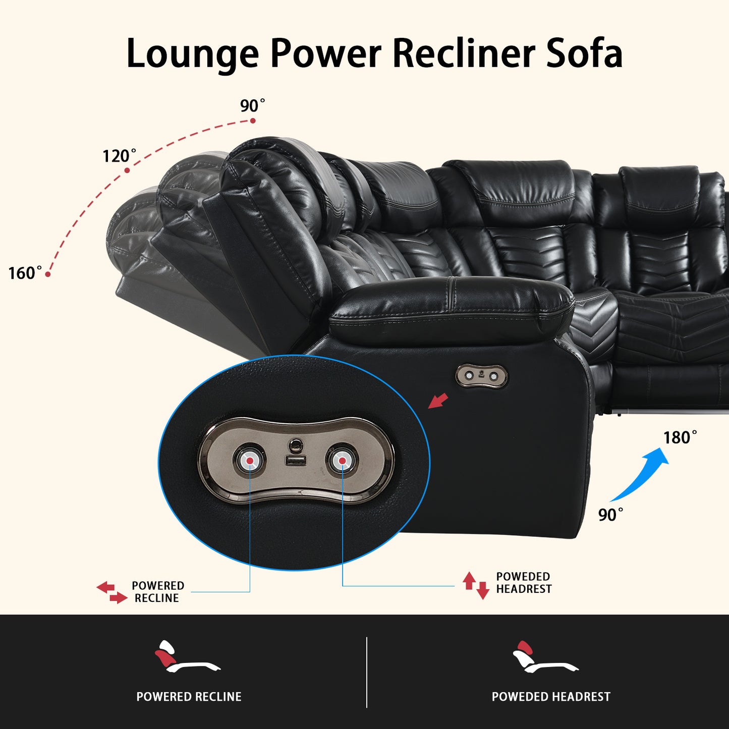 Power Reclining Sectional Sofa, Electric Home Theater Seating for Living Room Air Leather Corner Couch with Console Box Loveseat Bluetooth Speaker LED Lighting USB Ports Black