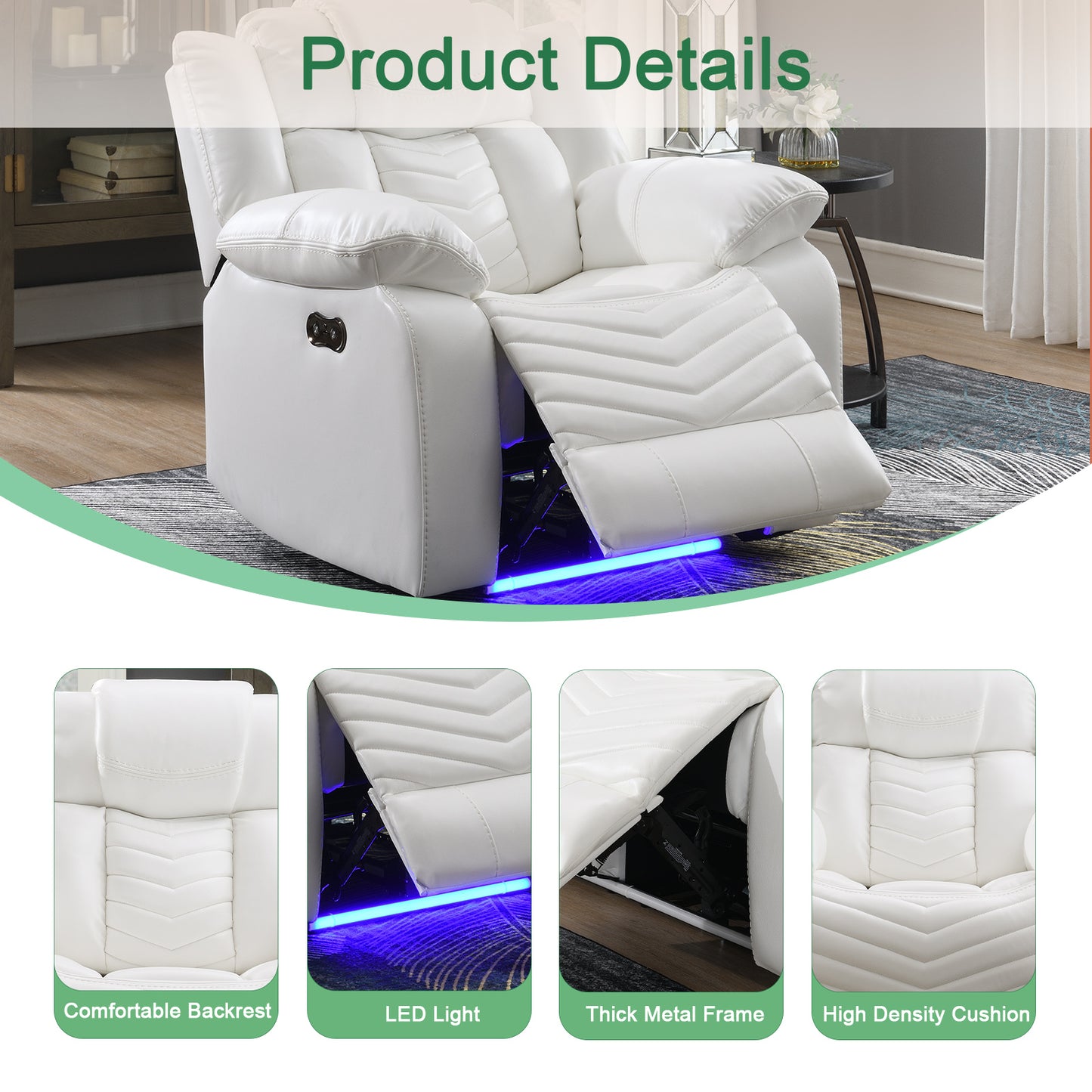 KuKuQb Air Leather Power Reclining Sofa,Living Room Furniture with LED Lights，Home Theater Recliner Seating with USB Charging Port，Reclining Chair for Living Room/Office（White）