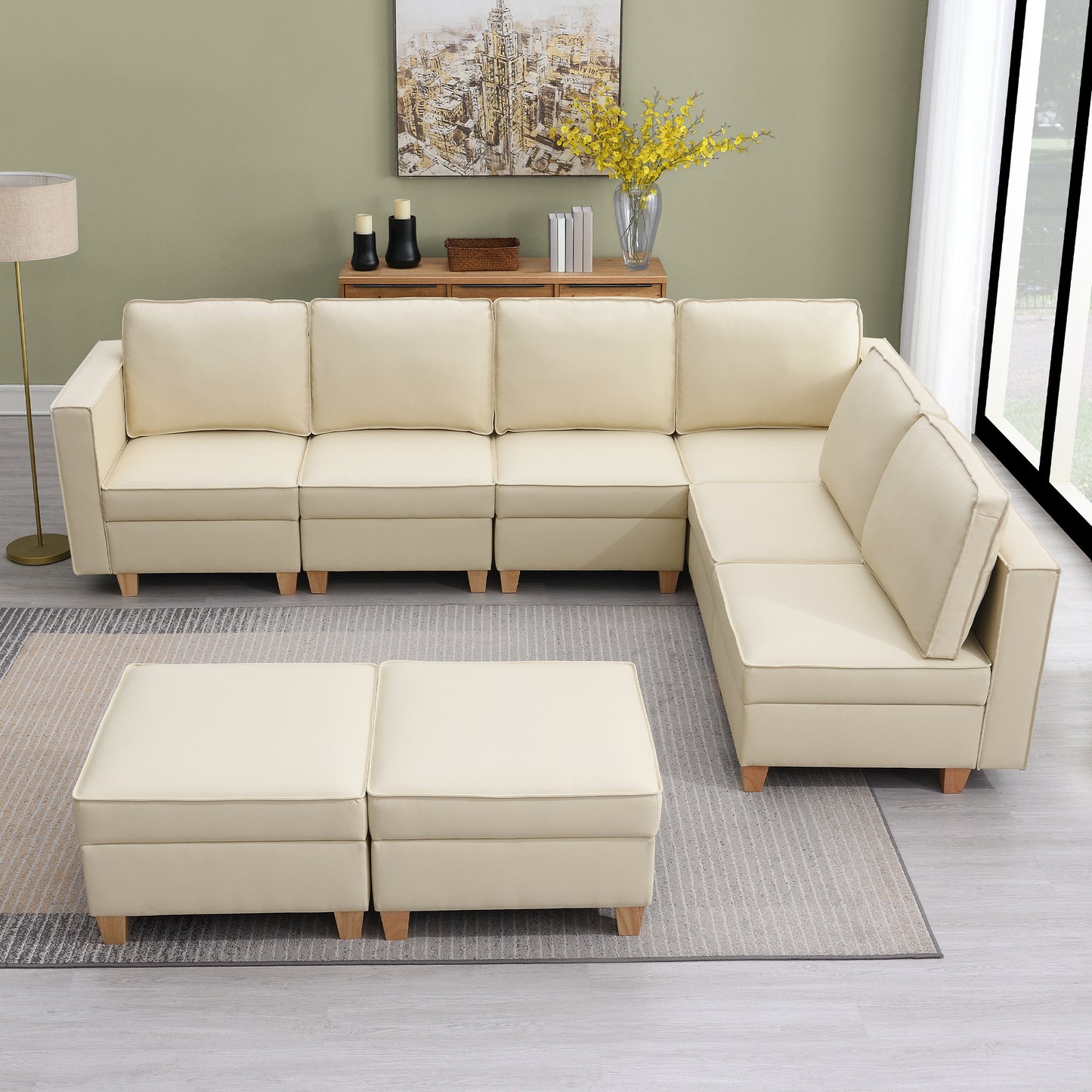 KuKuQb 118'' Modular Sectional Sofa with Storage, Convertible Stationary Couches for Living Room with 2 Ottomans, Beige