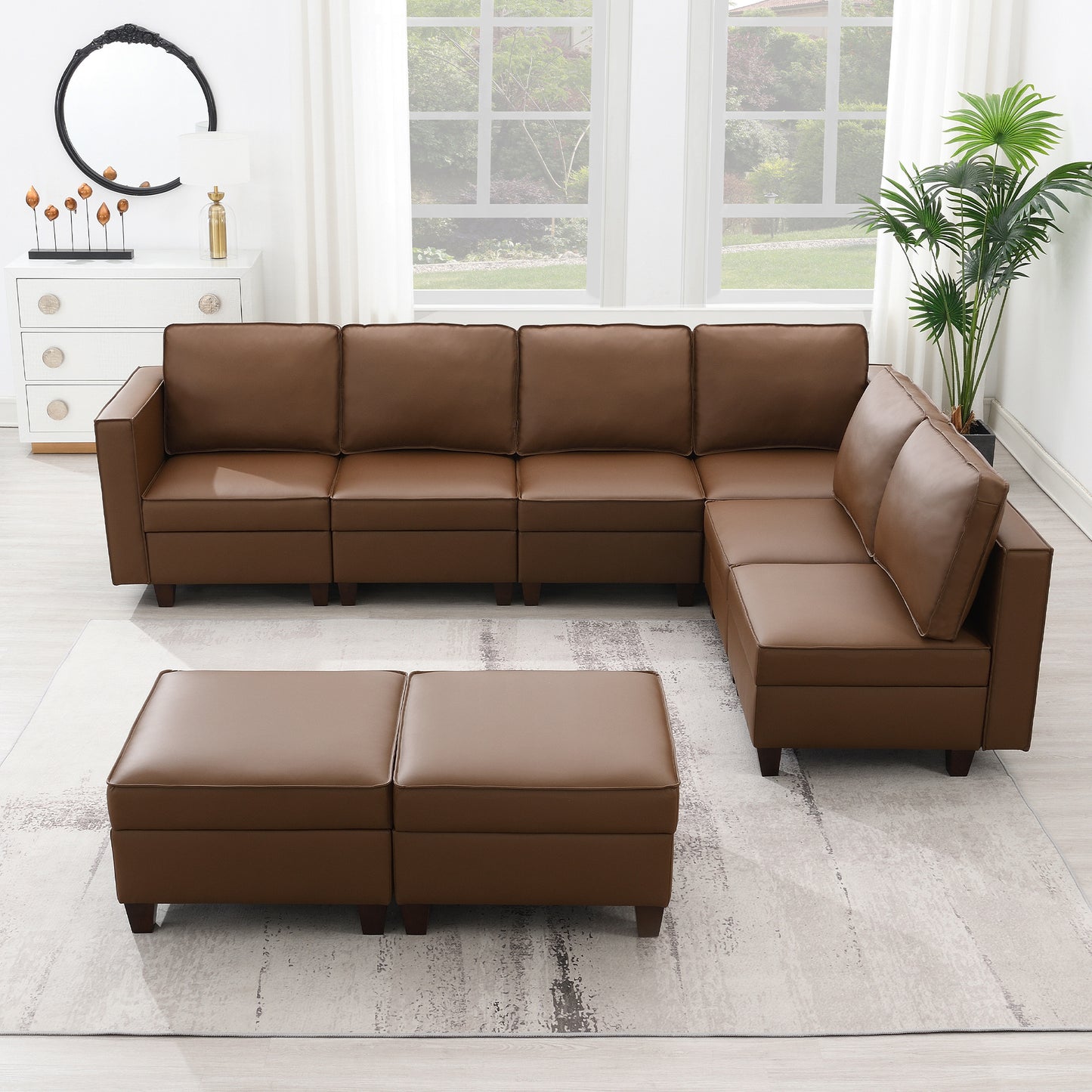 KuKuQb 118'' Modular Sectional Sofa with Storage, Convertible Stationary Couches for Living Room with 2 Ottomans, Brown