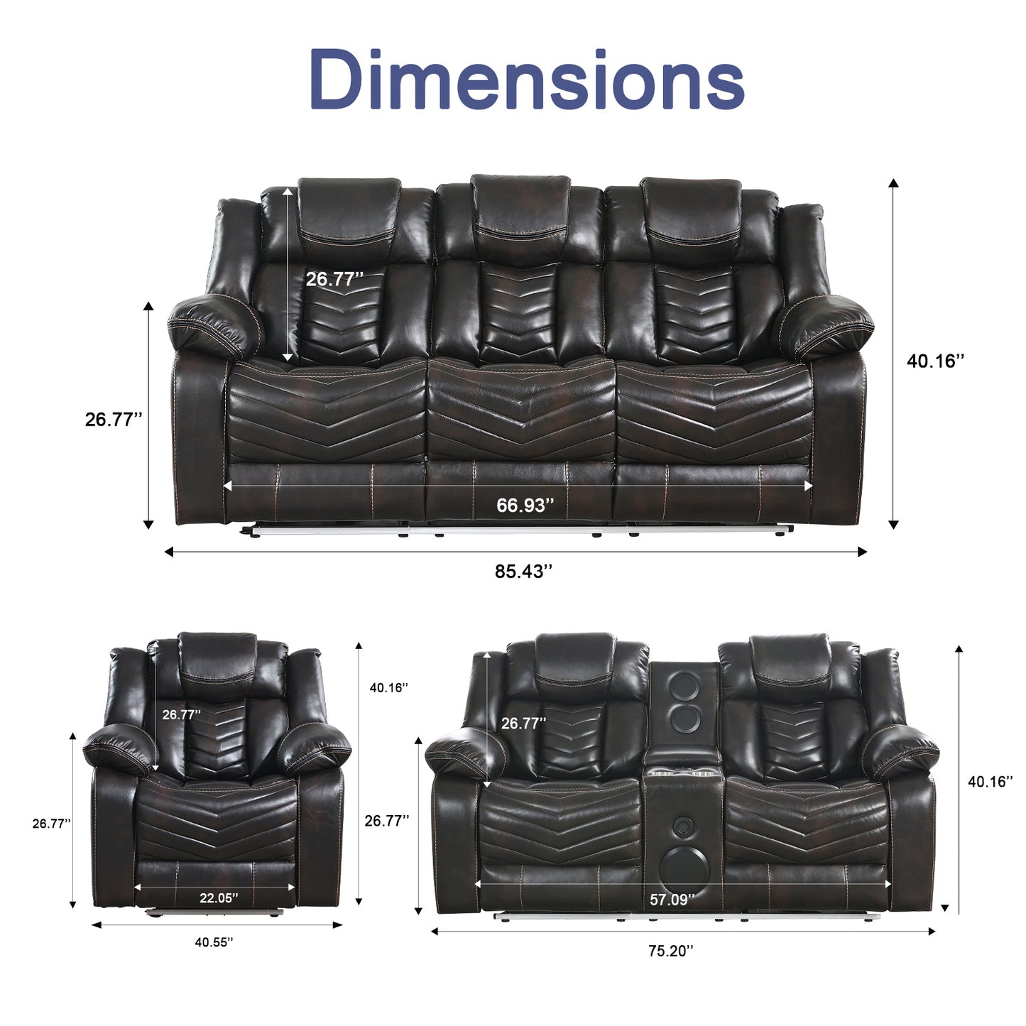 KuKuQb Power Air Leather Reclining Sofa Set with LED Light,Recliner Sofa with Drop Down Table,Wireless Charger,Storage Console,Bluetooth Speaker,USB Port,for Living Room/Office(3 Pieces Set,2 Tone Brown)