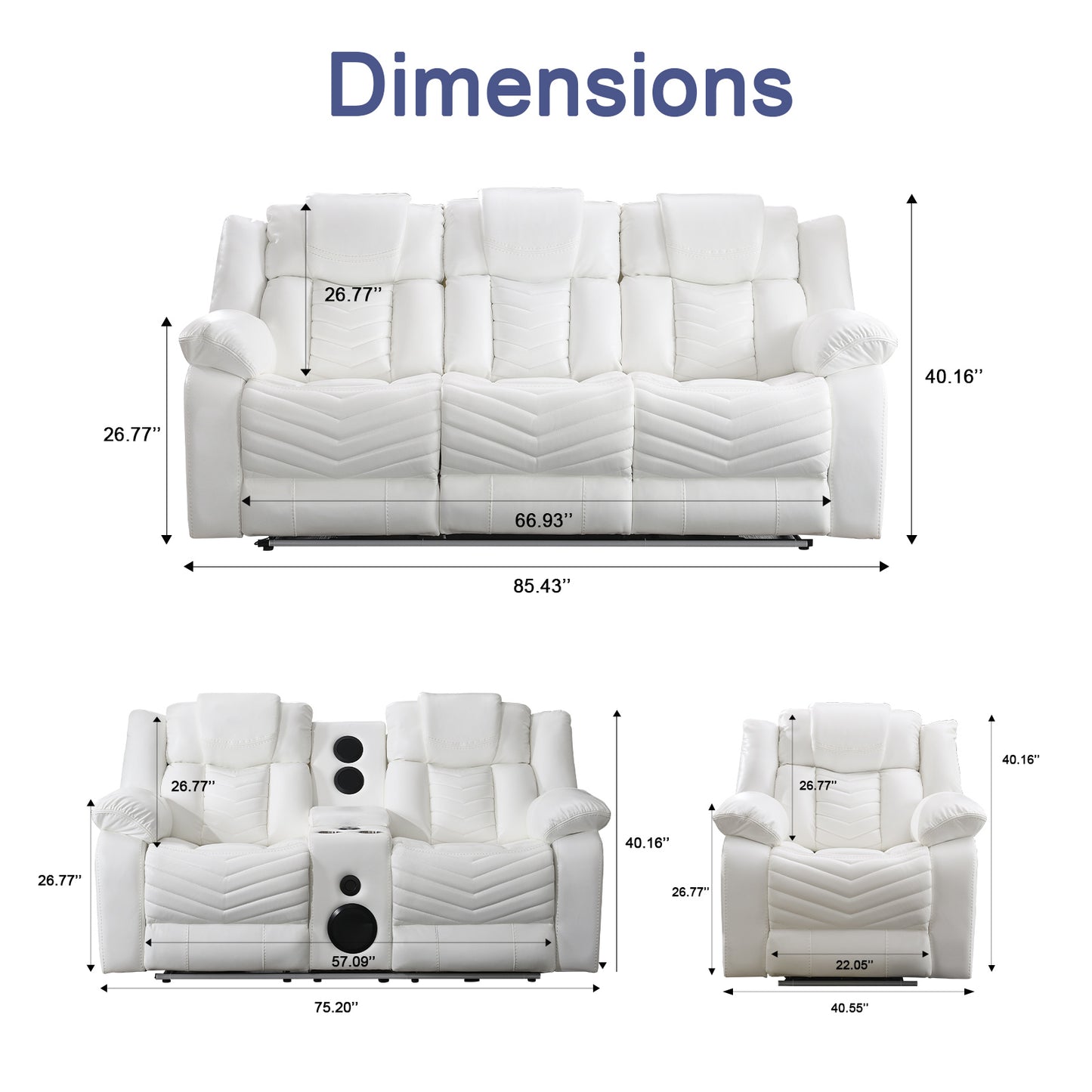 KuKuQb Power Air Leather Reclining Sofa Set with LED Light,Recliner Sofa with Drop Down Table,Wireless Charger,Storage Console,Bluetooth Speaker,USB Port,for Living Room/Office (3 Pieces Set,White)