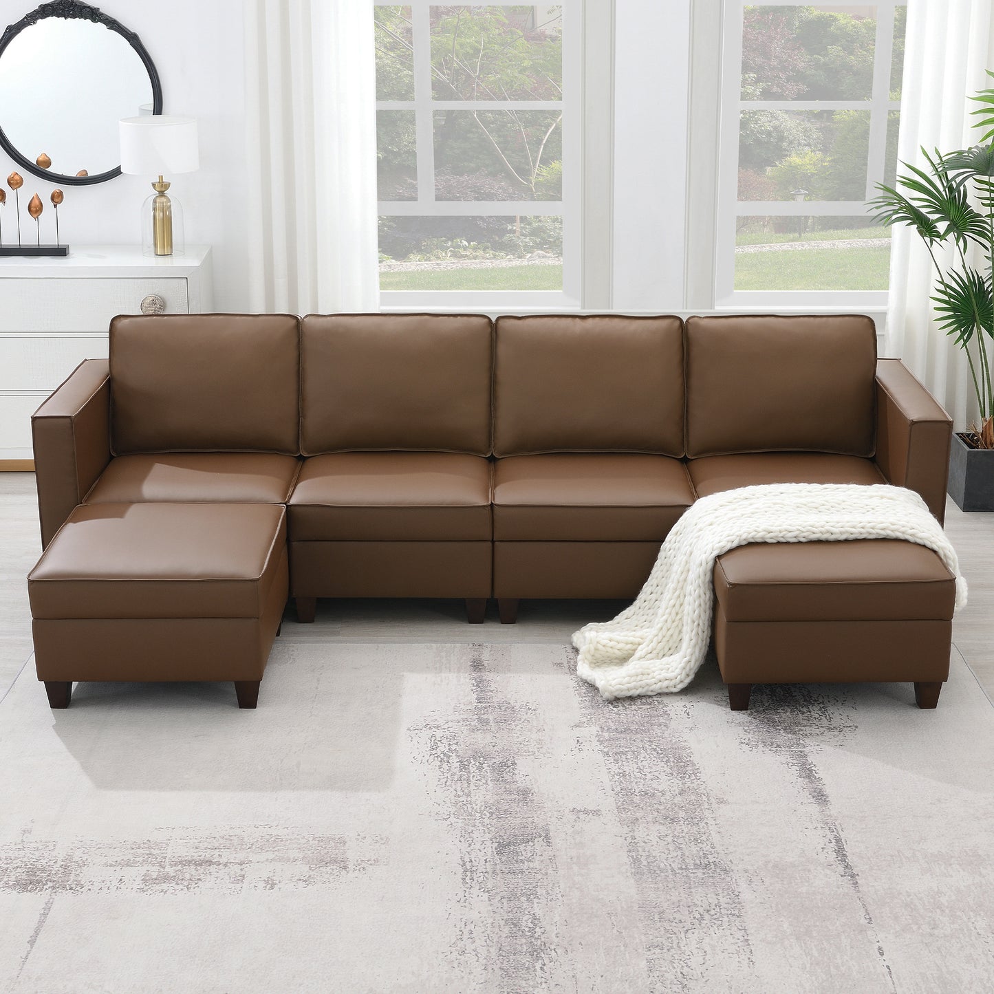 KuKuQb 118'' Modular Sectional Sofa with Storage, Convertible 6 Seat U Shaped Couches for Living Room Stationary Sofa with Double Chaise Brown