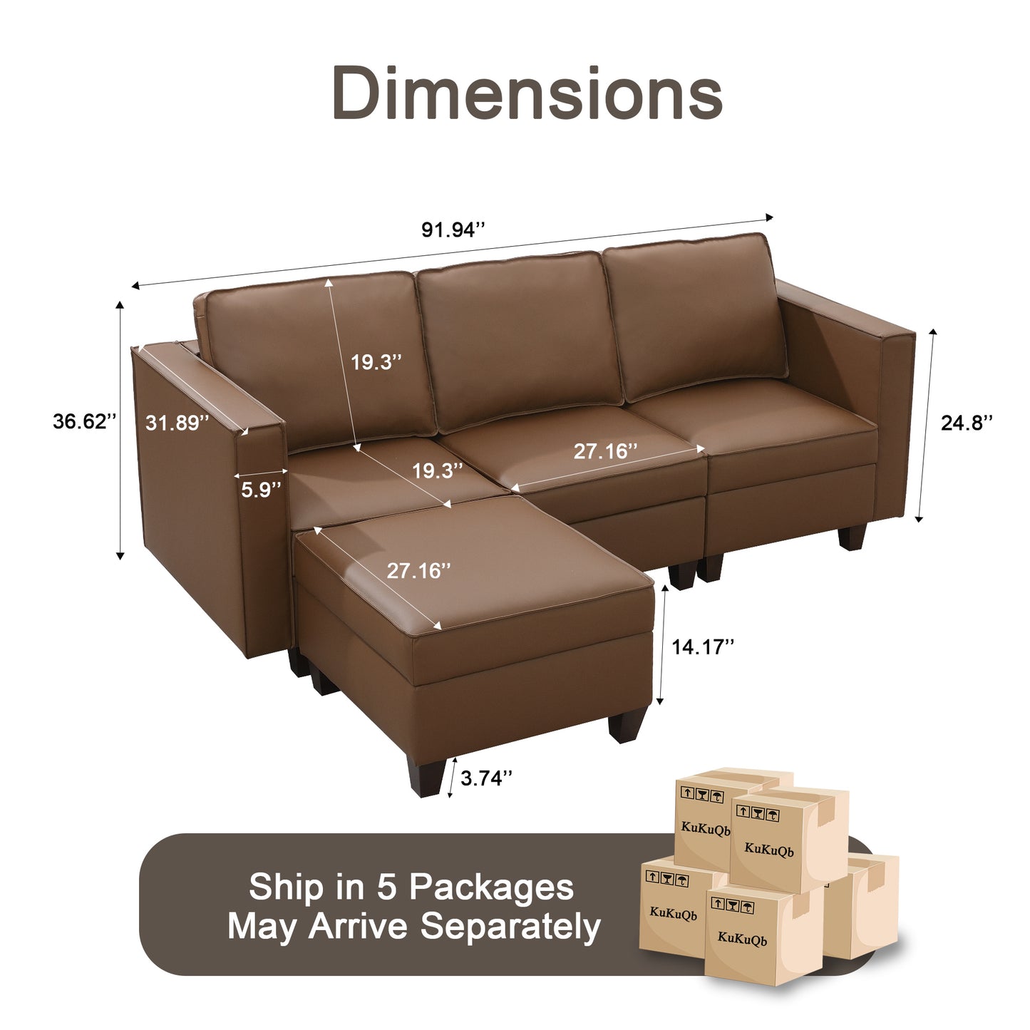 KuKuQb 92'' Modular Sectional Sofa with Storage, Convertible 4 Seat L Shaped Stationary Couches for Living Room, Brown