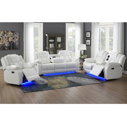 KuKuQb Power Air Leather Reclining Sofa Set with LED Light,Recliner Sofa with Drop Down Table,Wireless Charger,Storage Console,Bluetooth Speaker,USB Port,for Living Room/Office (3 Pieces Set,White)