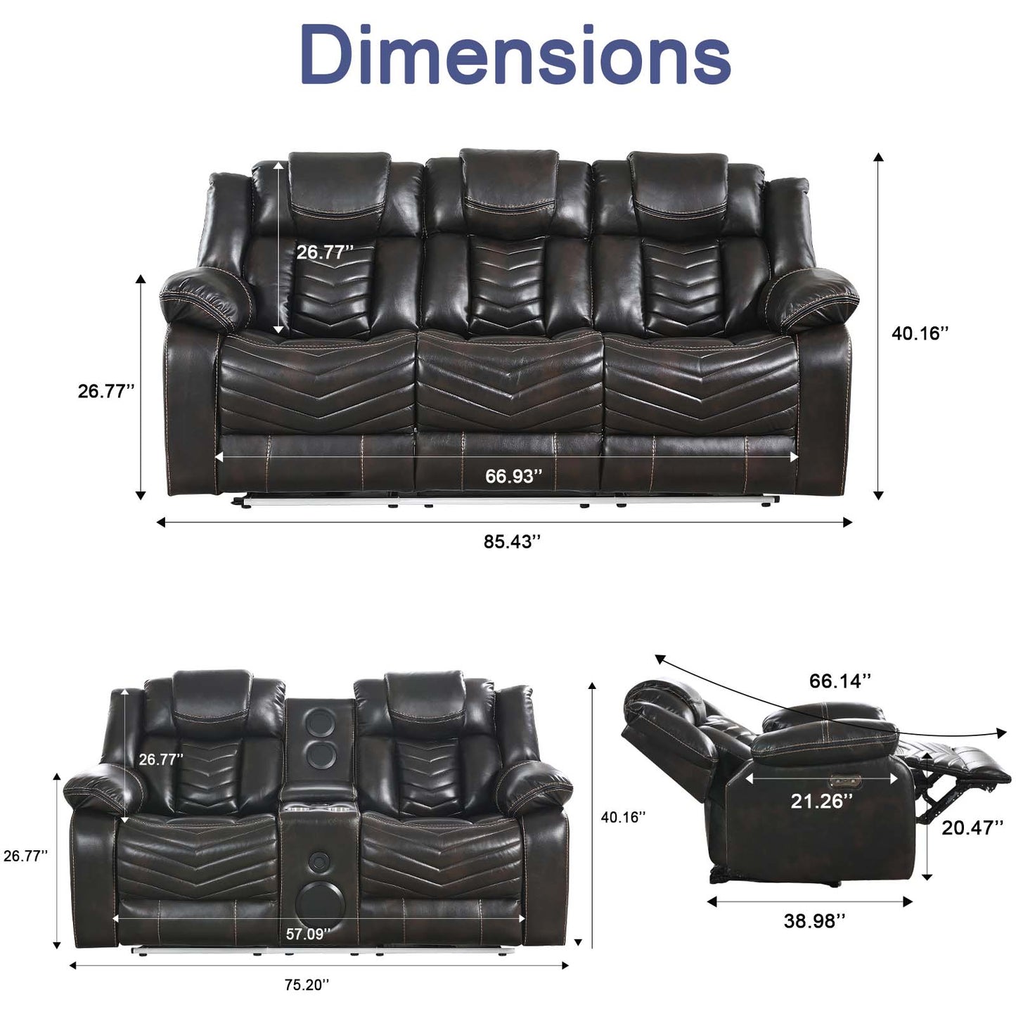 KuKuQb Power Air Leather Reclining Sofa Set with LED Light,Recliner Sofa with Drop Down Table,Wireless Charger,Storage Console,Bluetooth Speaker,USB Port,for Living Room/Office(2 Pieces Set,2 Tone Brown)