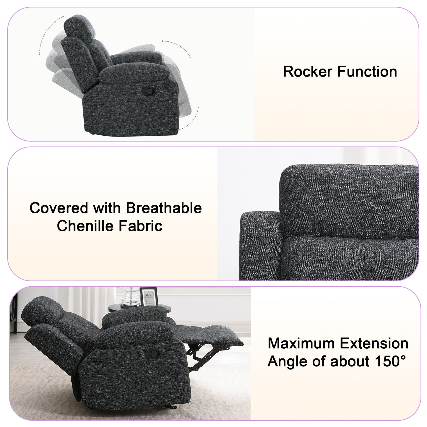 KuKuQb 34" Rocker-Recliner with High-Density-Foam, Push Back Recliners-Chair-for-Living-Room, Breathable-Chenille-Home-Theater-Seating(Charcoal Gray)