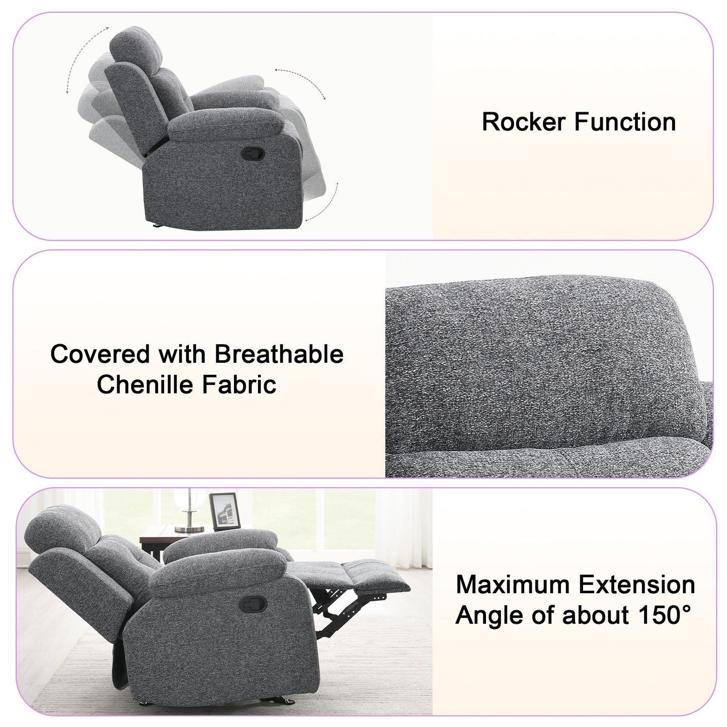 KuKuQb Manual Reclining Sofa Set,Including Reclining Loveseat Rocker Recliner Breathable Chenille,Drop Down Table, Cup-Holders(Gray)