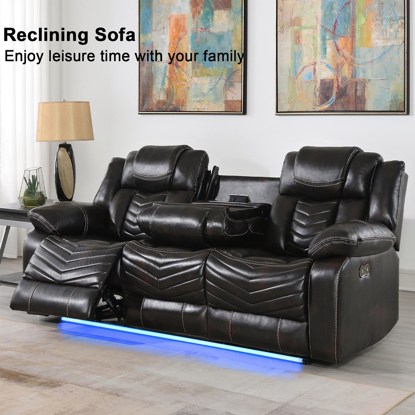 KuKuQb Power Air Leather Reclining Sofa Set with LED Light,Recliner Sofa with Drop Down Table,Wireless Charger,Storage Console,Bluetooth Speaker,USB Port,for Living Room/Office(3 Pieces Set,2 Tone Brown)