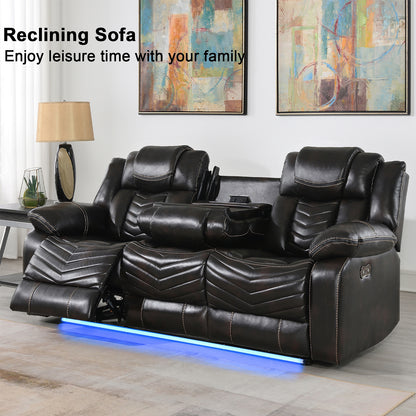 KuKuQb Power Air Leather Reclining Sofa Set with LED Light,Recliner Sofa with Drop Down Table,Wireless Charger,Storage Console,Bluetooth Speaker,USB Port,for Living Room/Office(3 Pieces Set,2 Tone Brown)