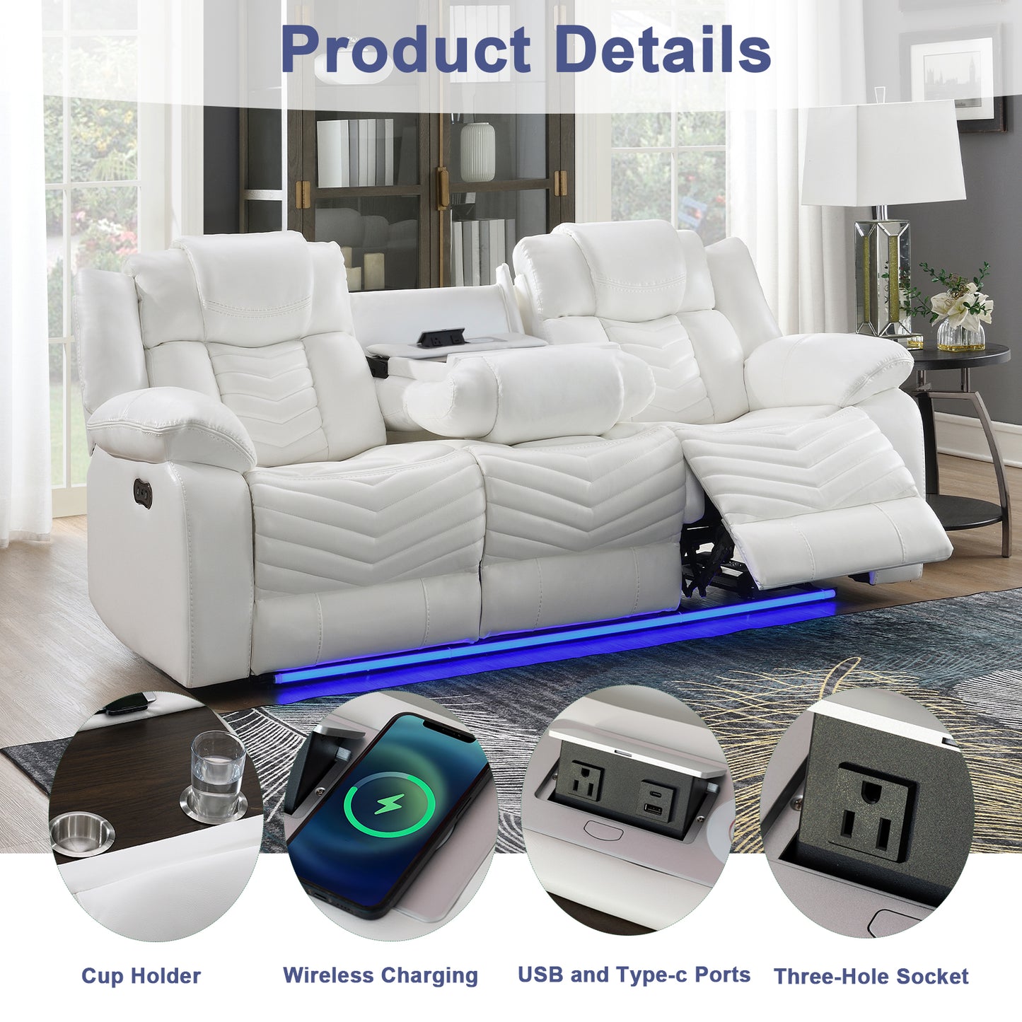 KuKuQb Power Air Leather Reclining Sofa Set with LED Light,Recliner Sofa with Drop Down Table,Wireless Charger,Storage Console,Bluetooth Speaker,USB Port,for Living Room/Office (3 Pieces Set,White)