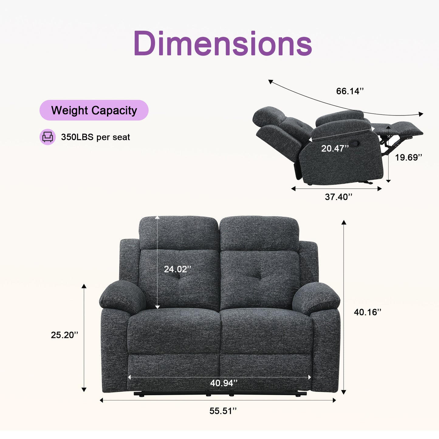 KuKuQb Manual Reclining Sofa Set,Including Reclining Loveseat Rocker Recliner Breathable Chenille,Drop Down Table, Cup-Holders(Charcoal Gray)