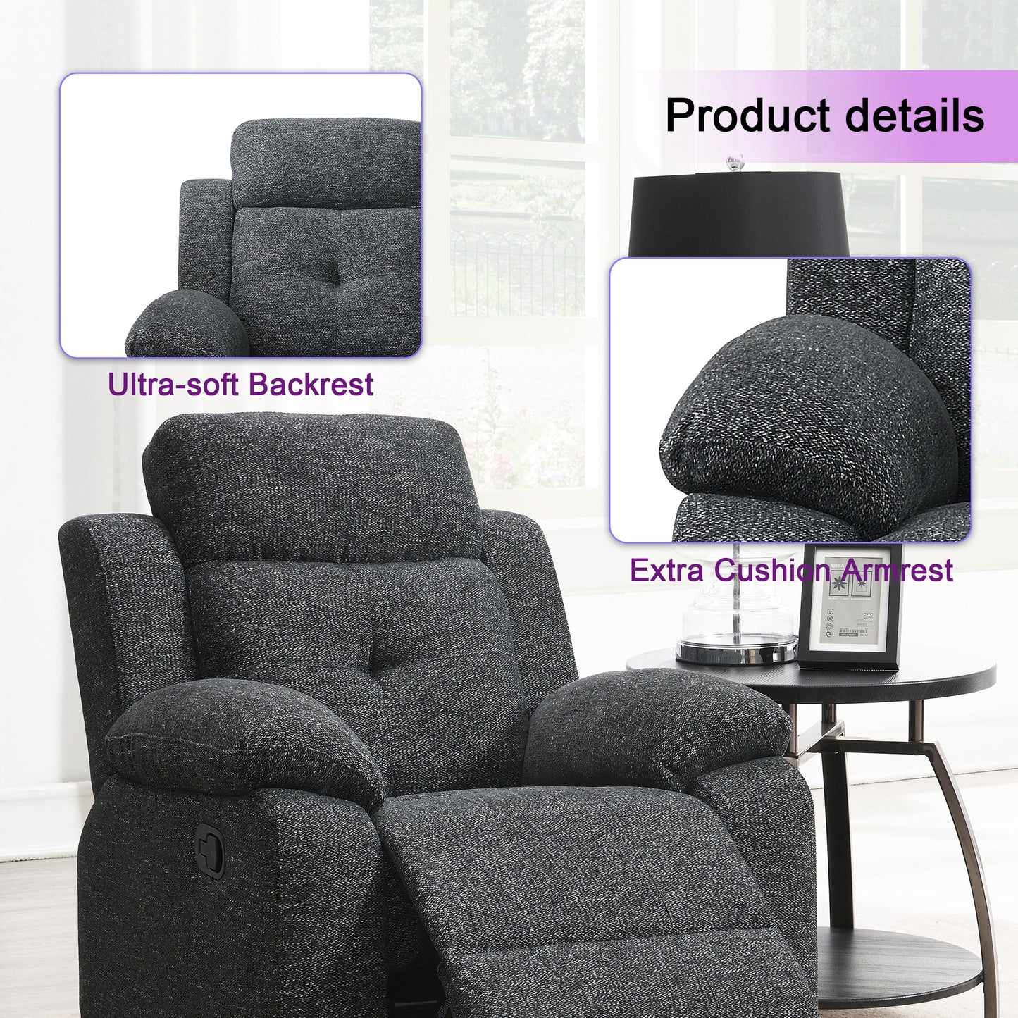 KuKuQb 34" Rocker-Recliner with High-Density-Foam, Push Back Recliners-Chair-for-Living-Room, Breathable-Chenille-Home-Theater-Seating(Charcoal Gray)