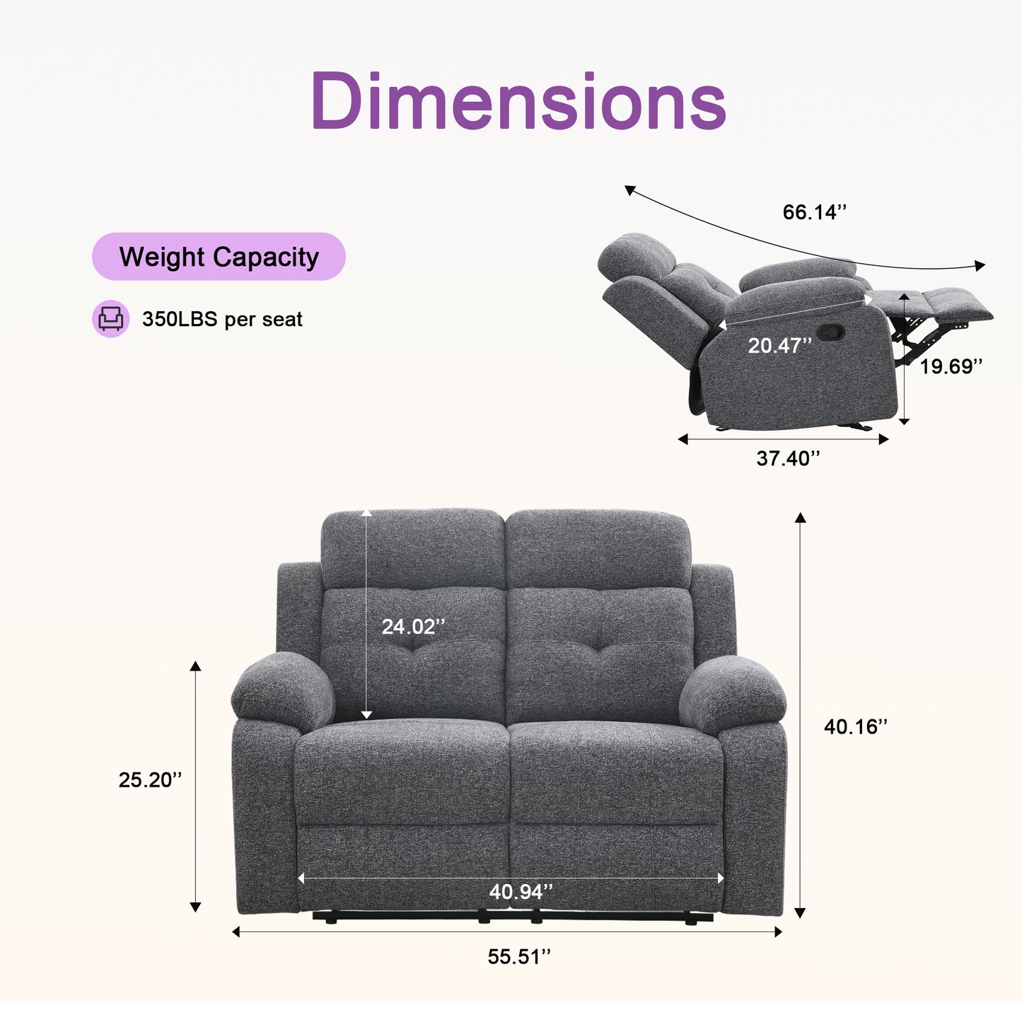 KuKuQb Manual Reclining Sofa Set,Including Reclining Loveseat Rocker Recliner Breathable Chenille,Drop Down Table, Cup-Holders(Gray)