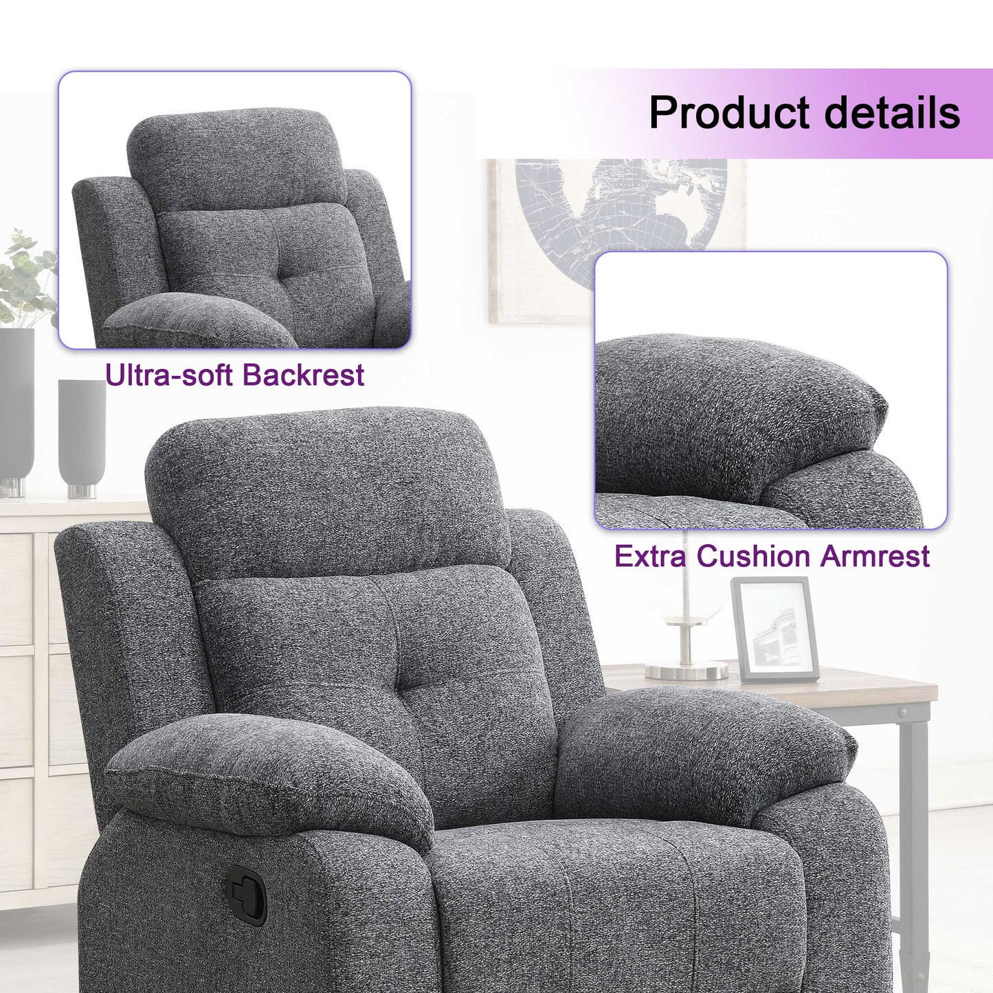 KuKuQb Manual Reclining Sofa Set,Including Reclining Loveseat Rocker Recliner Breathable Chenille,Drop Down Table, Cup-Holders(Gray)