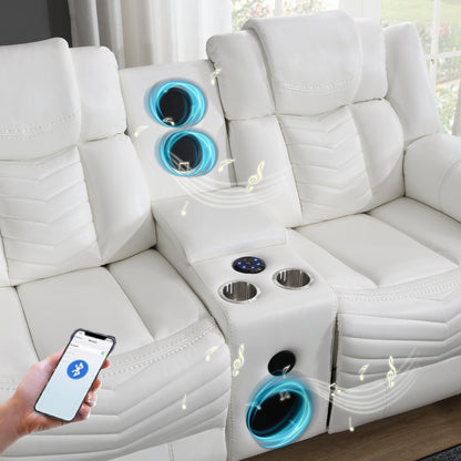 KuKuQb Power Air Leather Reclining Sofa Set with LED Light,Recliner Sofa with Drop Down Table,Wireless Charger,Storage Console,Bluetooth Speaker,USB Port,for Living Room/Office (3 Pieces Set,White)