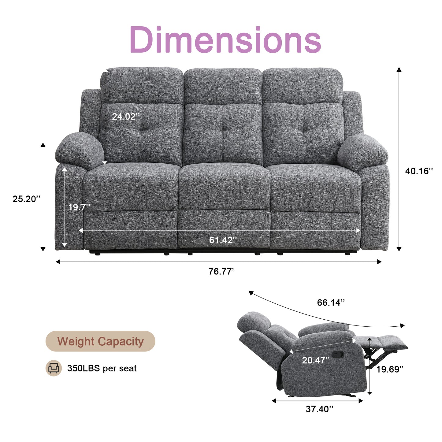 KuKuQb Breathable-Chenille-Reclining-loveseat, Double-Recliner-for-Living-Room, Reclining Sofa(Gray)