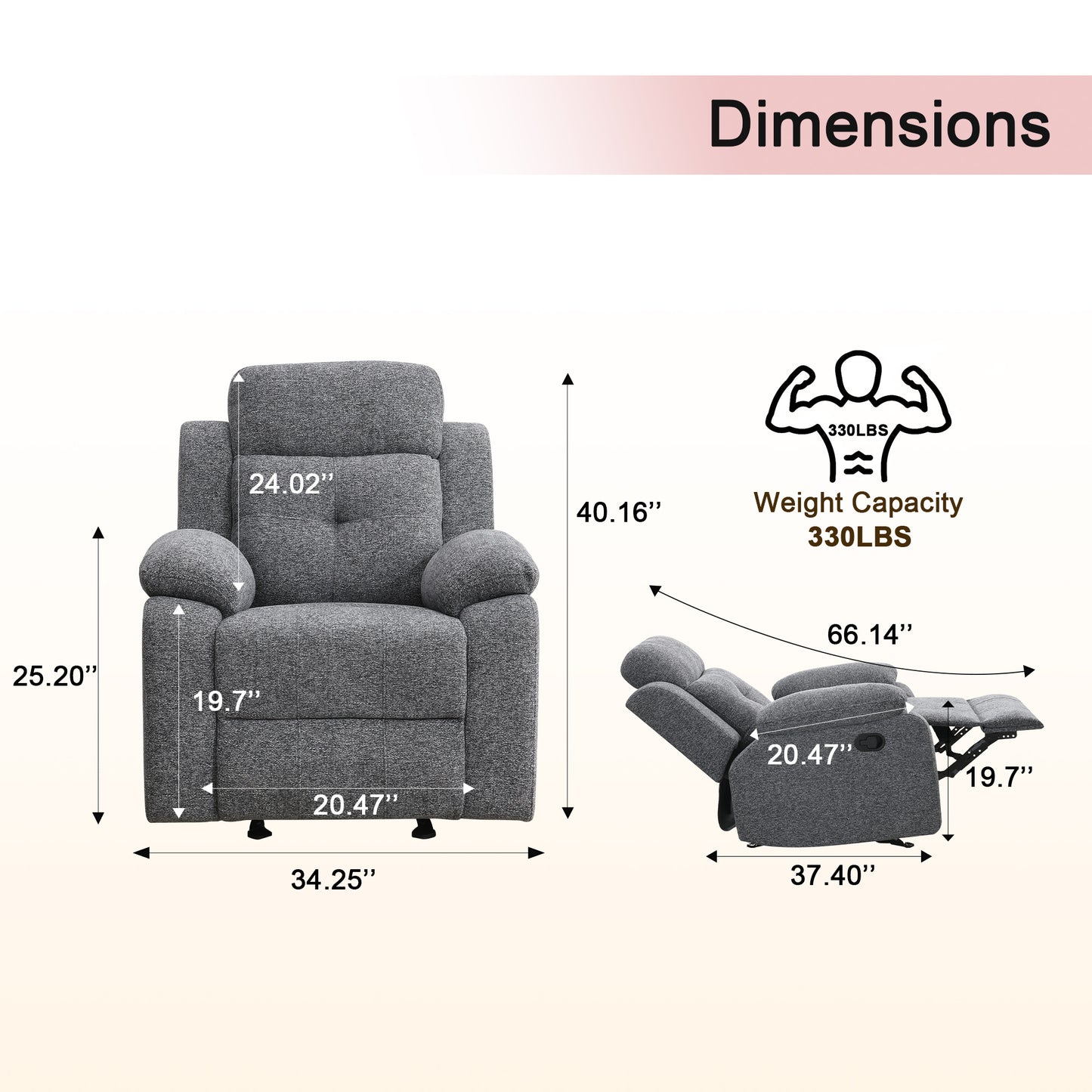 KuKuQb Manual Reclining Sofa Set,Including Reclining Loveseat Rocker Recliner Breathable Chenille,Drop Down Table, Cup-Holders(Gray)