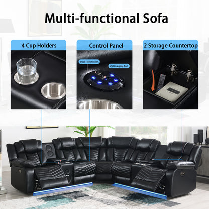 Power Reclining Sectional Sofa, Electric Home Theater Seating for Living Room Air Leather Corner Couch with Console Box Loveseat Bluetooth Speaker LED Lighting USB Ports Black