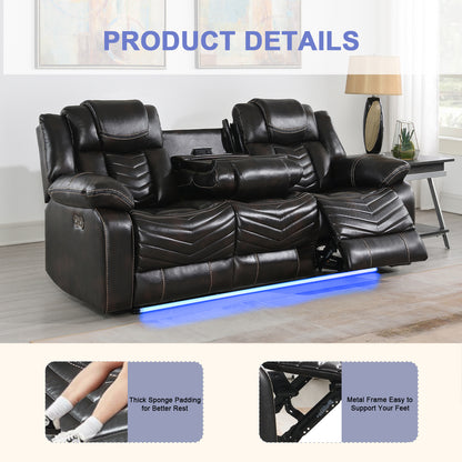 KuKuQb Power Air Leather Reclining Sofa Set with LED Light,Recliner Sofa with Drop Down Table,Wireless Charger,Storage Console,Bluetooth Speaker,USB Port,for Living Room/Office(2 Pieces Set,2 Tone Brown)