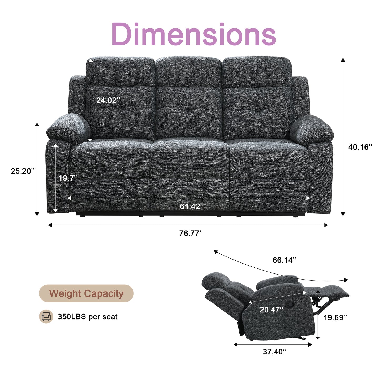 KuKuQb Breathable-Chenille-Reclining-loveseat, Double-Recliner-for-Living-Room, Reclining Sofa(Charcoal Gray)