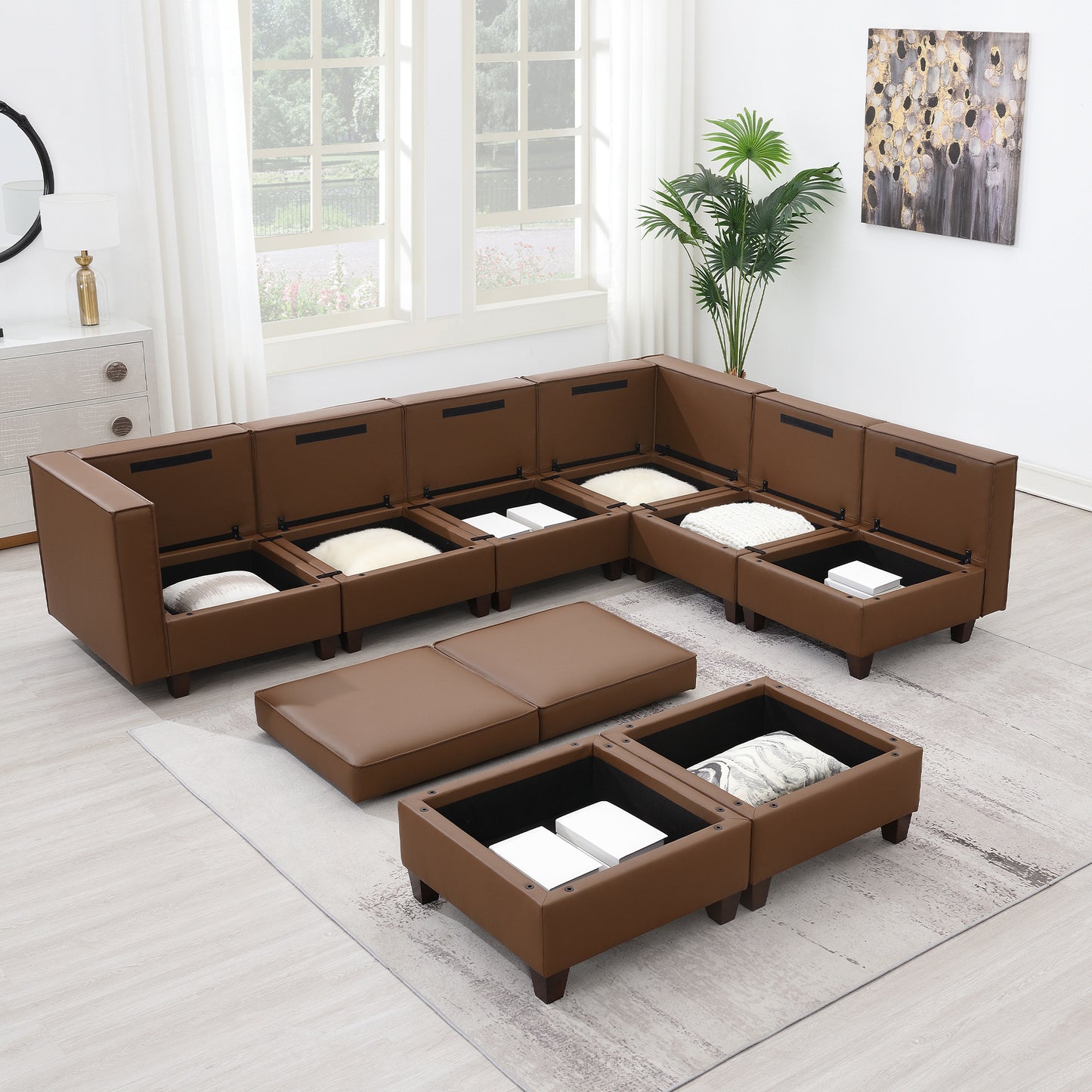 KuKuQb 118'' Modular Sectional Sofa with Storage, Convertible Stationary Couches for Living Room with 2 Ottomans, Brown