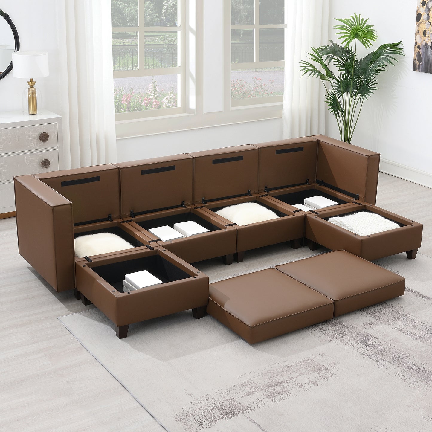 KuKuQb 118'' Modular Sectional Sofa with Storage, Convertible 6 Seat U Shaped Couches for Living Room Stationary Sofa with Double Chaise Brown