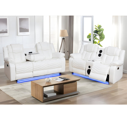 KuKuQb Power Air Leather Reclining Sofa Set with LED Light,Recliner Sofa with Drop Down Table,Wireless Charger,Storage Console,Bluetooth Speaker,USB Port,for Living Room/Office(2 Pieces Set,White)