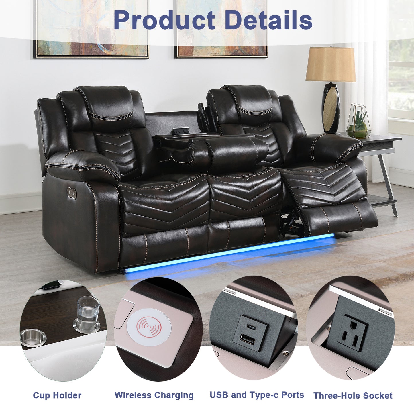 KuKuQb Power Air Leather Reclining Sofa Set with LED Light,Recliner Sofa with Drop Down Table,Wireless Charger,Storage Console,Bluetooth Speaker,USB Port,for Living Room/Office(2 Pieces Set,2 Tone Brown)