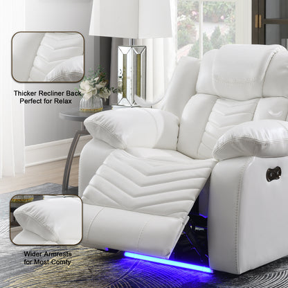 KuKuQb Power Air Leather Reclining Sofa Set with LED Light,Recliner Sofa with Drop Down Table,Wireless Charger,Storage Console,Bluetooth Speaker,USB Port,for Living Room/Office (3 Pieces Set,White)