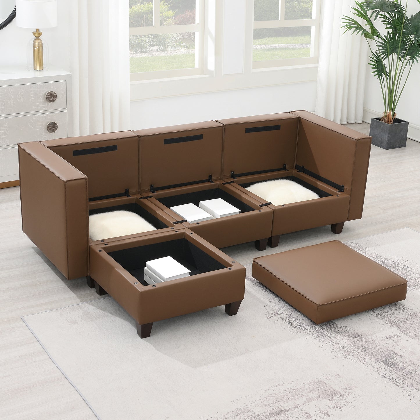 KuKuQb 92'' Modular Sectional Sofa with Storage, Convertible 4 Seat L Shaped Stationary Couches for Living Room, Brown