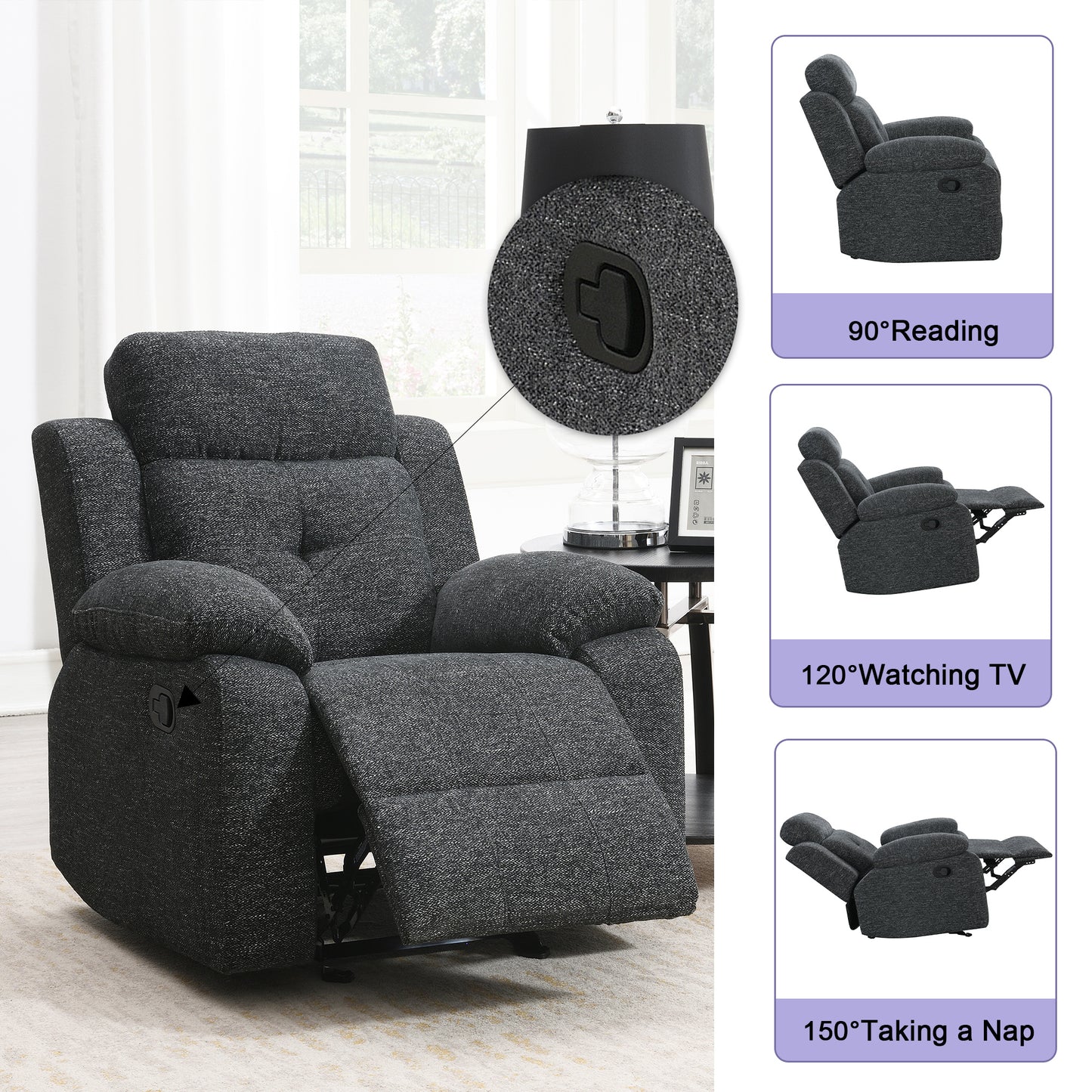 KuKuQb 34" Rocker-Recliner with High-Density-Foam, Push Back Recliners-Chair-for-Living-Room, Breathable-Chenille-Home-Theater-Seating(Charcoal Gray)