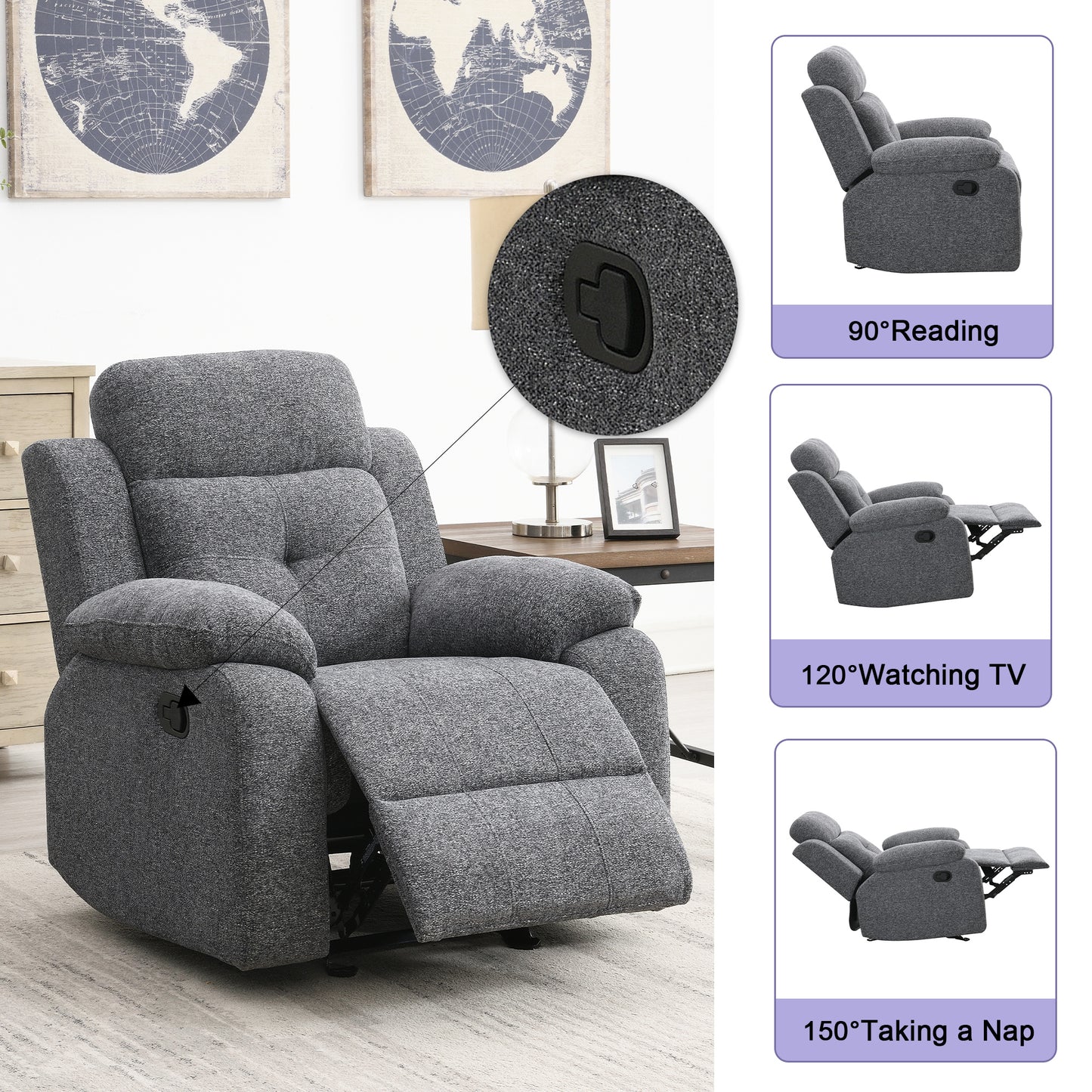 KuKuQb 34" Rocker-Recliner with High-Density-Foam, Push Back Recliners-Chair-for-Living-Room, Breathable-Chenille-Home-Theater-Seating(Gray)