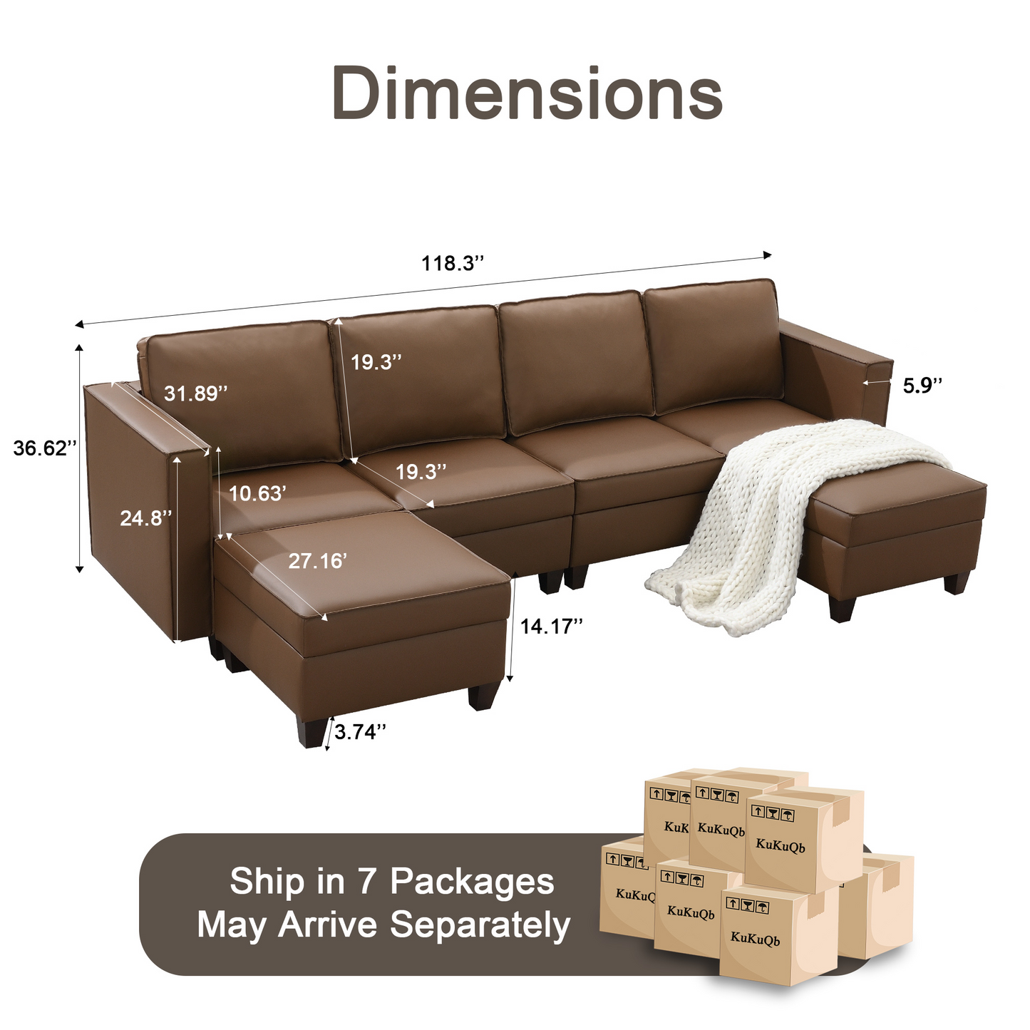 KuKuQb 118'' Modular Sectional Sofa with Storage, Convertible 6 Seat U Shaped Couches for Living Room Stationary Sofa with Double Chaise Brown