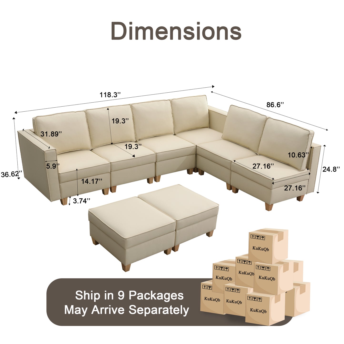 KuKuQb 118'' Modular Sectional Sofa with Storage, Convertible Stationary Couches for Living Room with 2 Ottomans, Beige