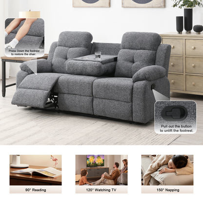 KuKuQb Manual Reclining Sofa Set,Including Reclining Loveseat Rocker Recliner Breathable Chenille,Drop Down Table, Cup-Holders(Gray)